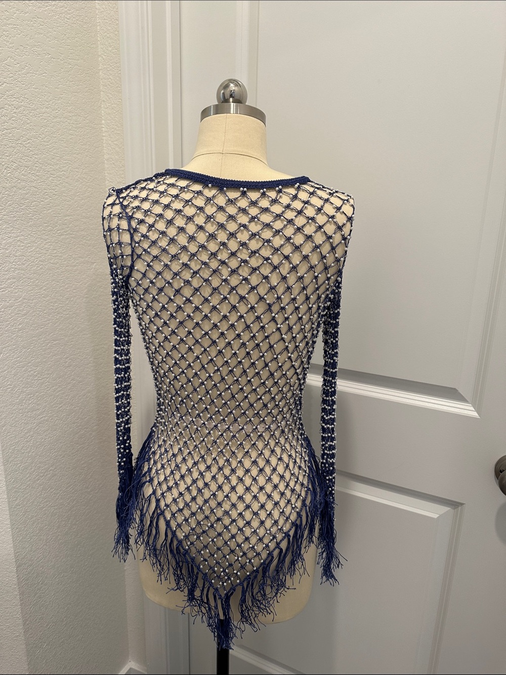 Navy Beaded Fishnet Fringe Top festival rave edc pearls tassel fringe fairy boho - Picture 5 of 5